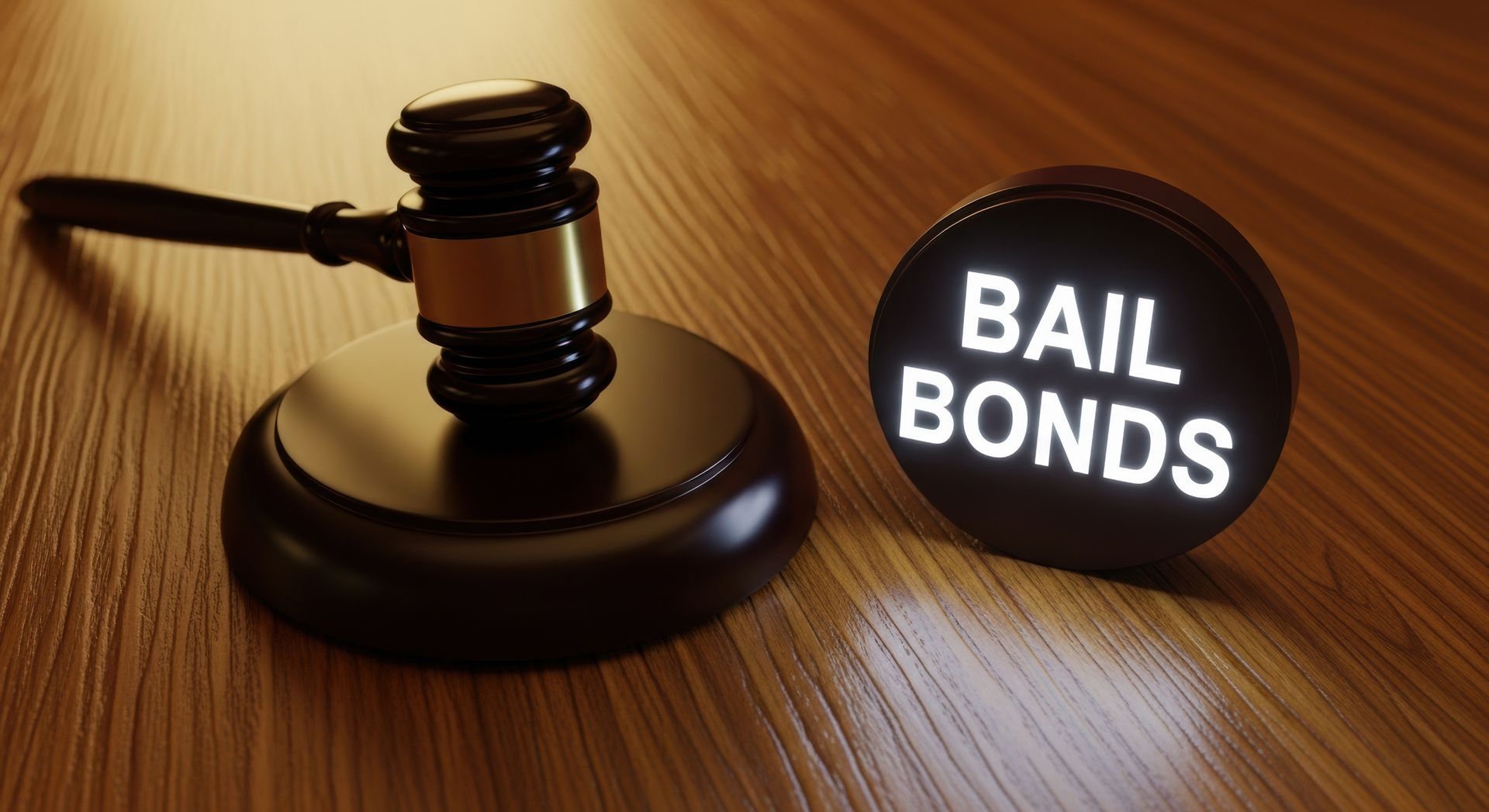 A wooden judge's gavel next to a glowing sign for professional bail bond service on a desk.
