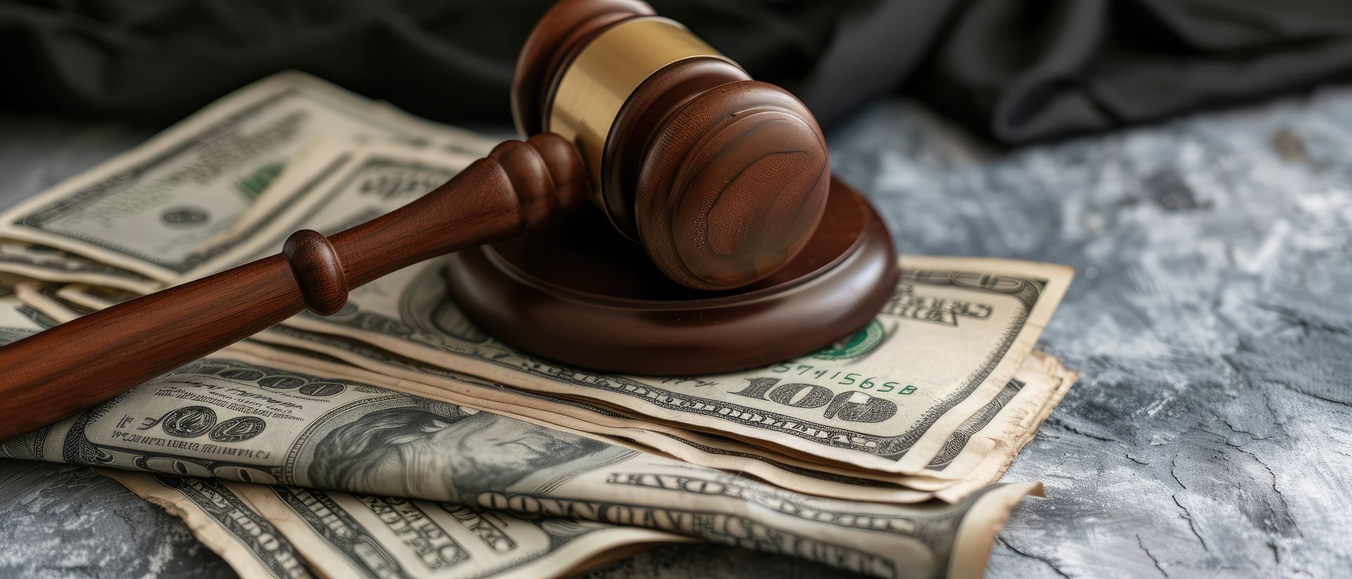 A judicial gavel resting on a stack of $100 bills for professional bail bond service payments. A judicial gavel resting on a stack of $100 bills for professional bail bond service payments.