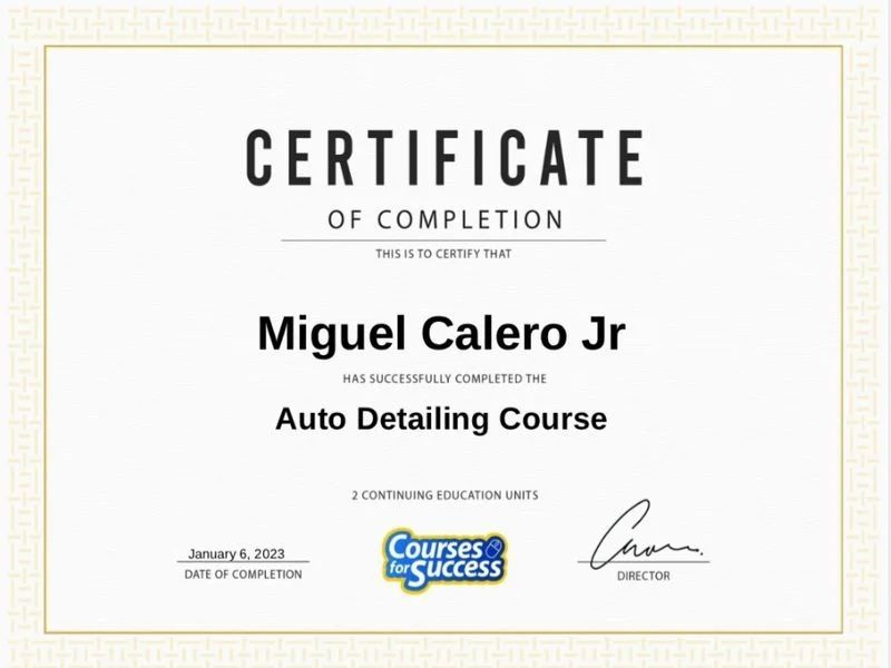 A certificate of completion for Miguel Calero Jr's auto detailing course.