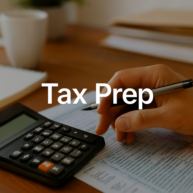 Person using a calculator and pen for tax prep on a desk, with a cup and documents.