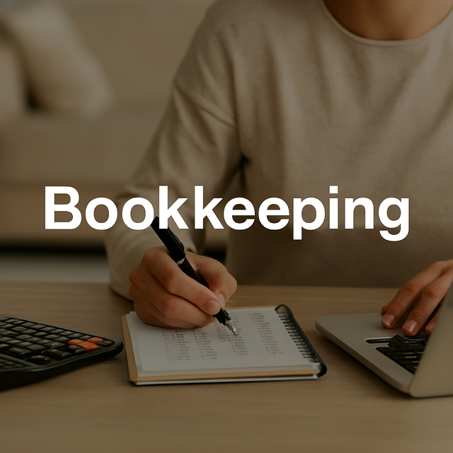 Person writing in notebook with calculator and laptop; word 