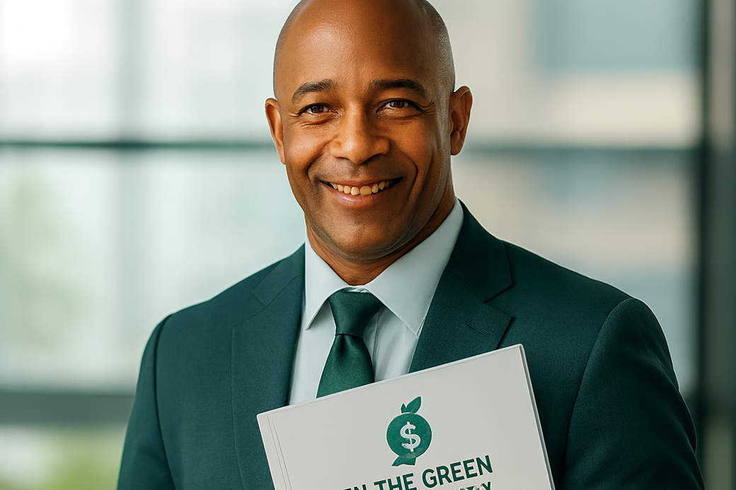 Man in green suit holding a document with a green logo, smiling in a modern office.