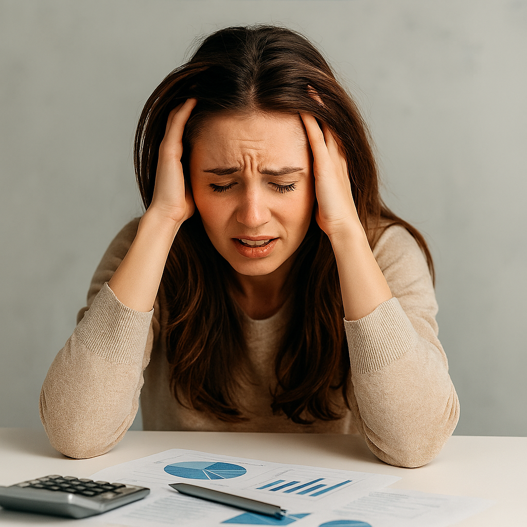 Woman with hands on head, stressed while reviewing financial documents and calculator.