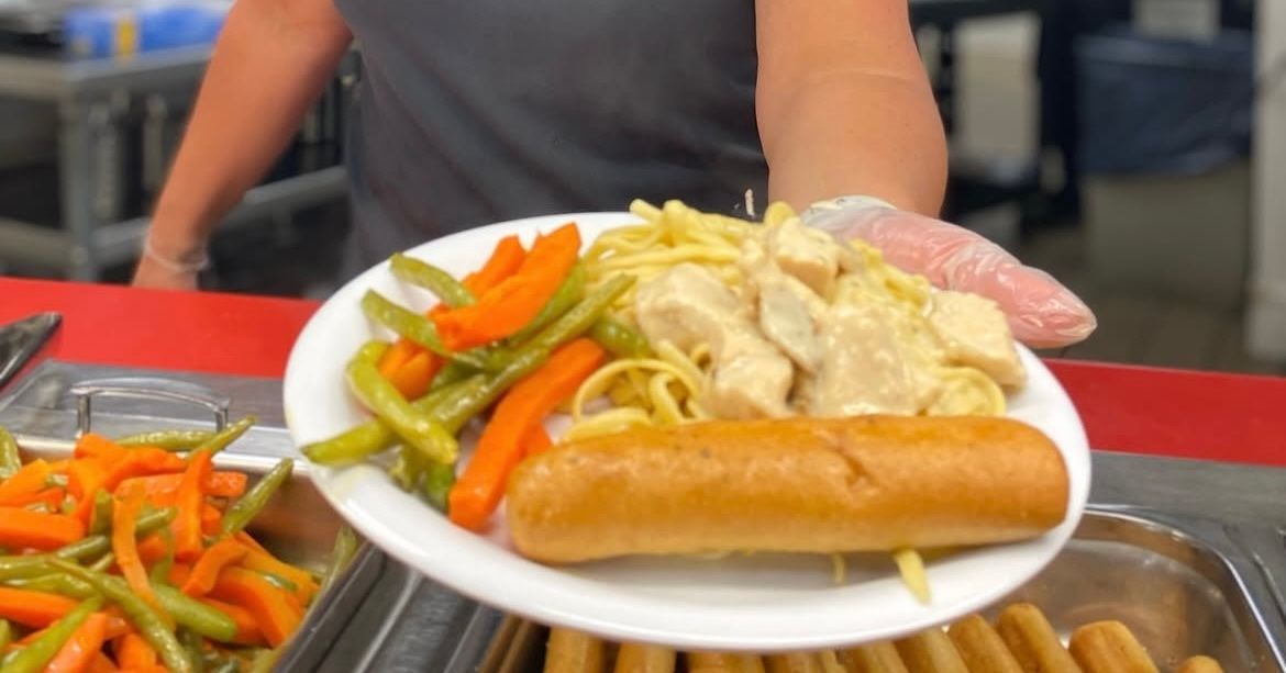 A plate of food with chicken, pasta, vegetables and a roll held by a person.