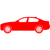A red car with white wheels on a white background.