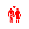 A red icon of a family holding hands with a heart.