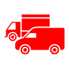 A red truck and a red van are sitting next to each other on a white background.