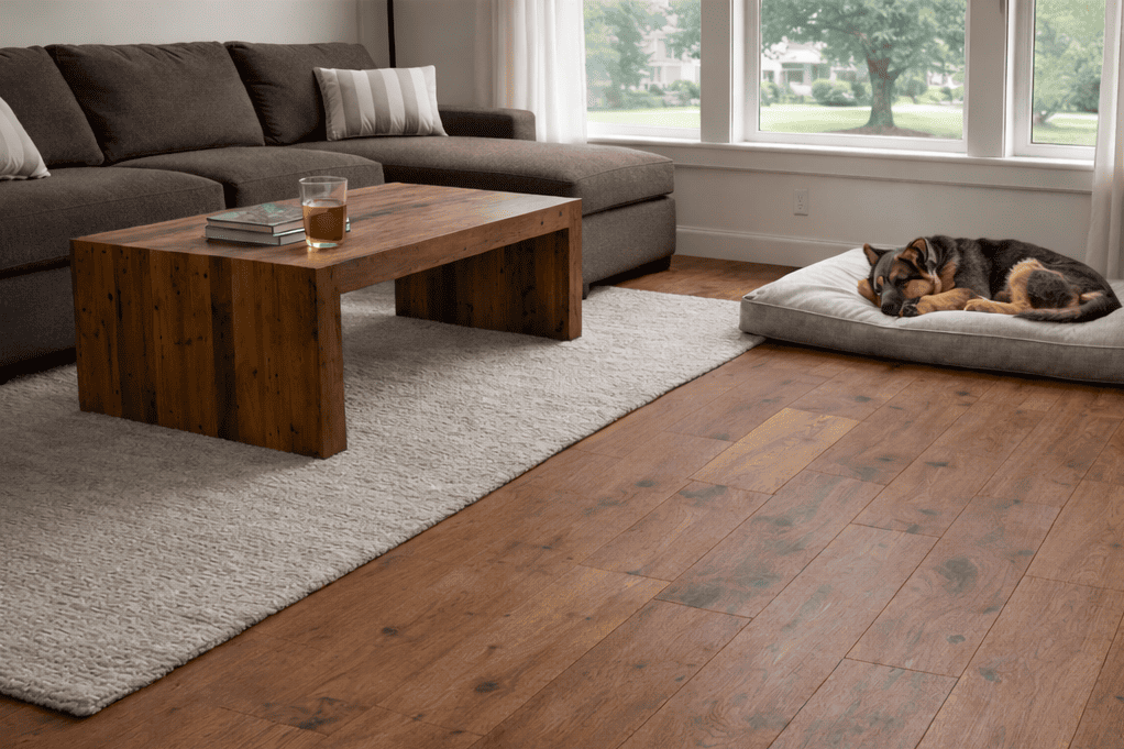 hardwood flooring in Pasco living room with dog sleeping