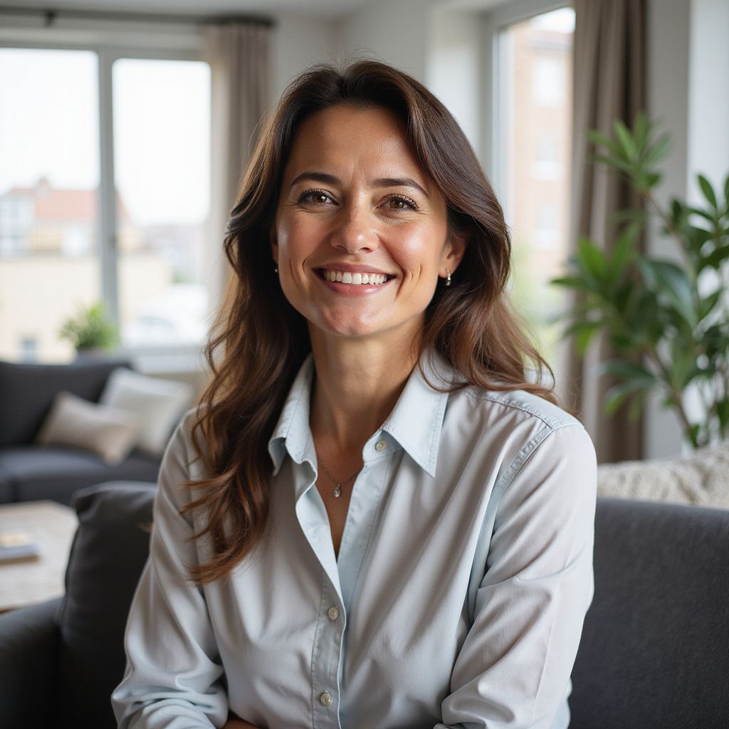 Woman smiling, seated indoors, wearing a light blue button-down shirt, natural light.
