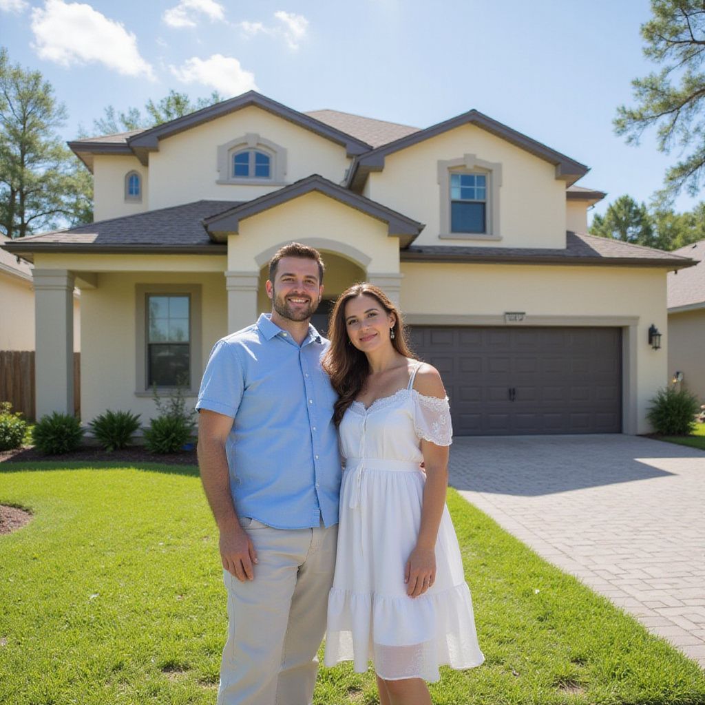 Couple standing in front of their new house, smiling. Green lawn, beige house with brown garage. Sunny day.