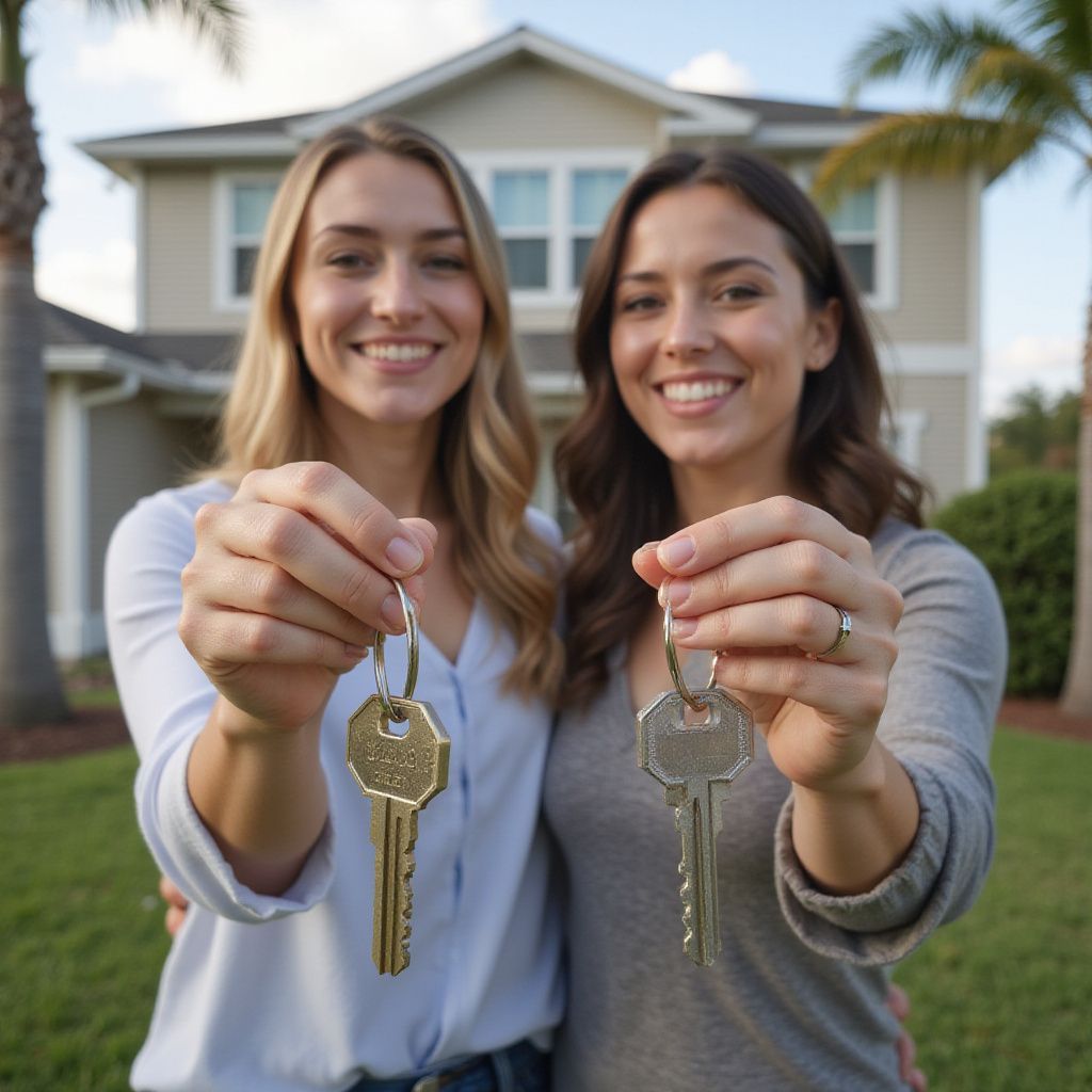 Two women smiling, holding keys in front of a house.