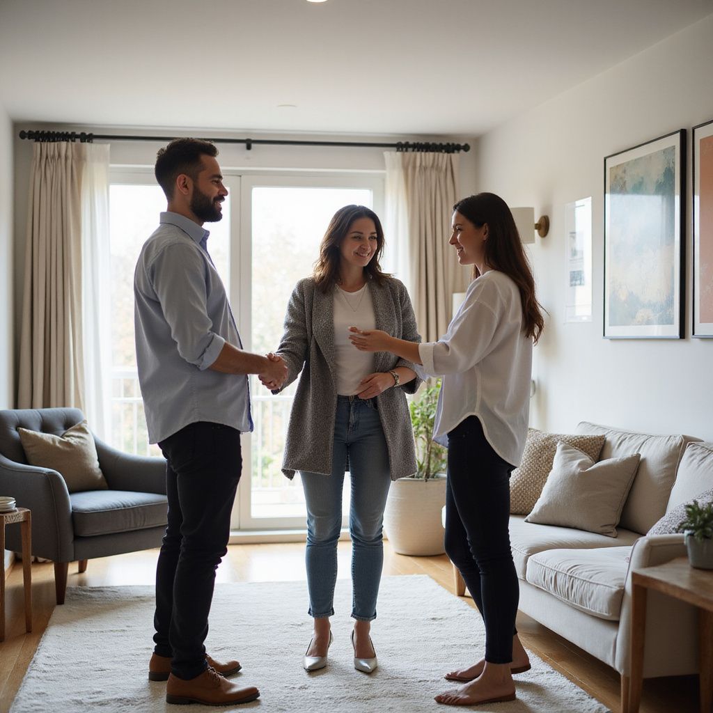 Couple shaking hands with a woman in a living room; a real estate agent.
