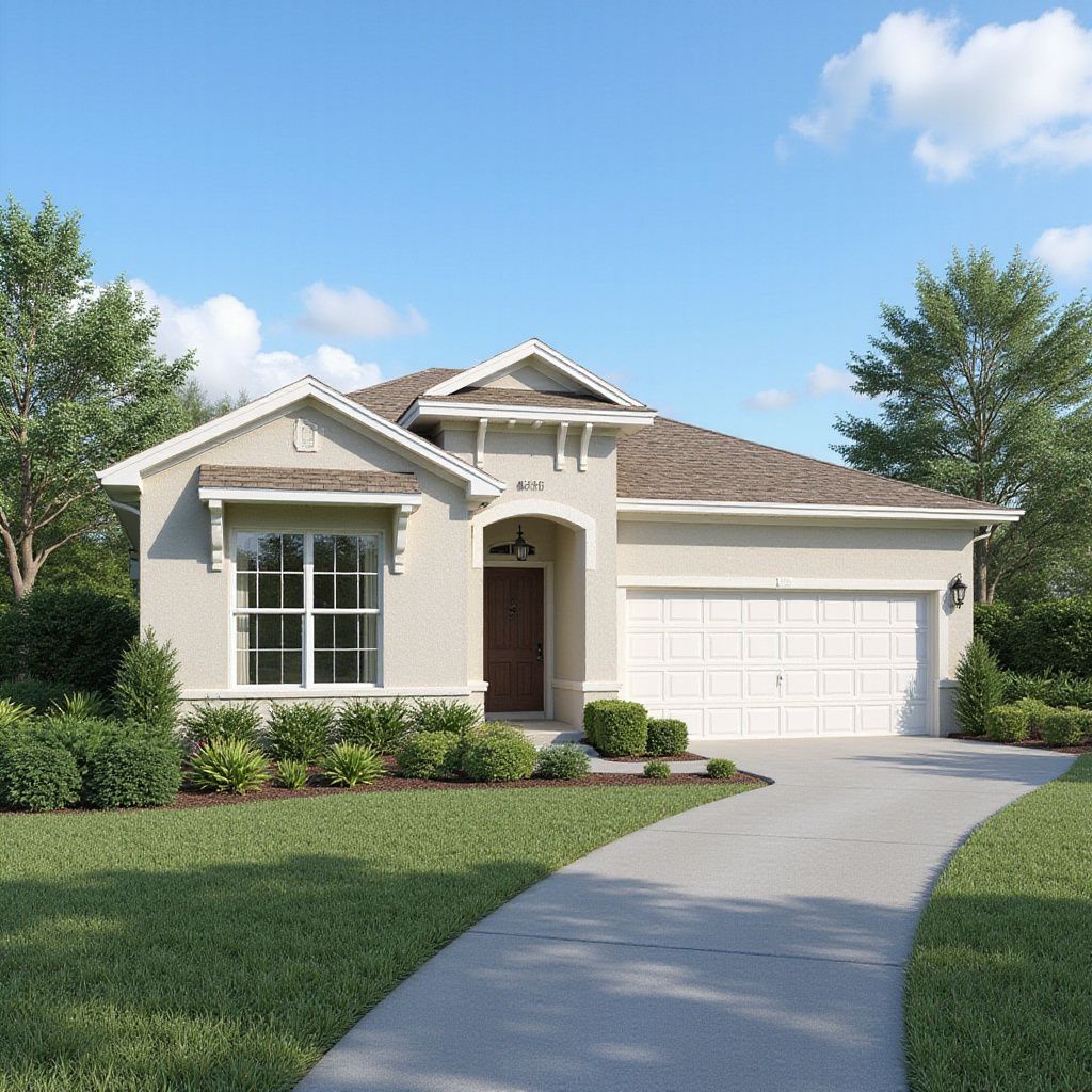Beige stucco house with brown roof, driveway, and landscaping.