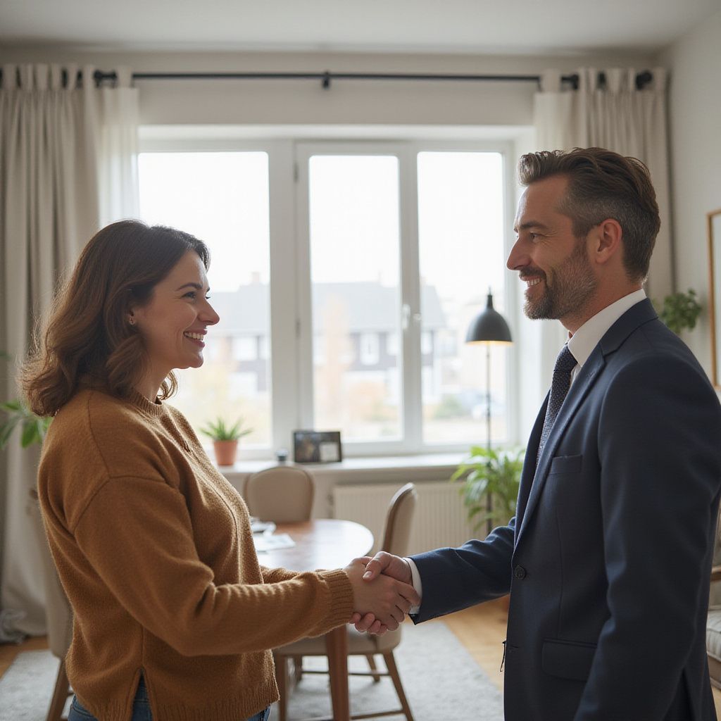 Woman shaking hands with a man in a suit indoors, smiling.