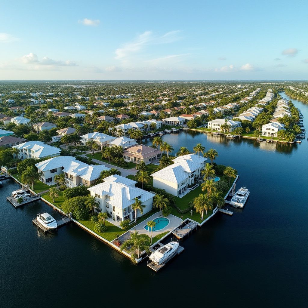 Aerial view of waterfront houses with docks and boats along a waterway, green trees, and blue sky.