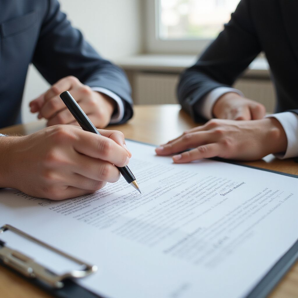Person signing a document on a clipboard at a table, another person's hands nearby.