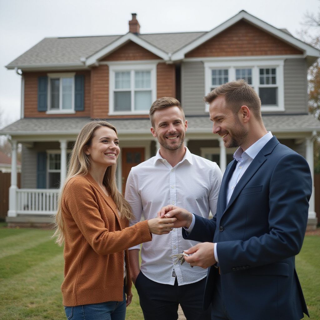 Real estate agent handing house keys to a couple in front of their new home.