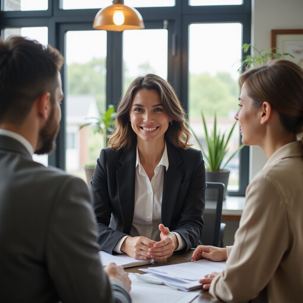 Three people in business attire at a table: woman smiling, other two facing her. Indoors with natural light, plants.