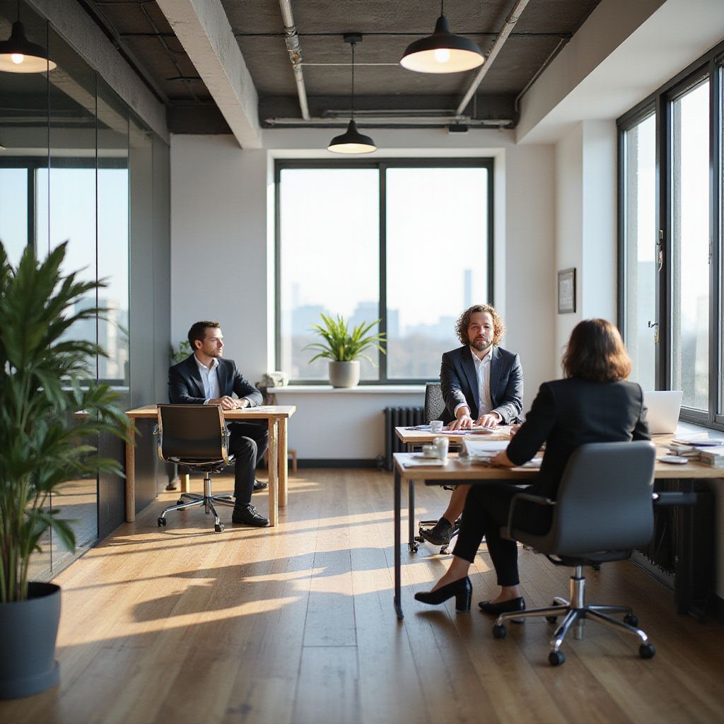 Three people in suits at desks in a sunny office. One person is facing the camera.