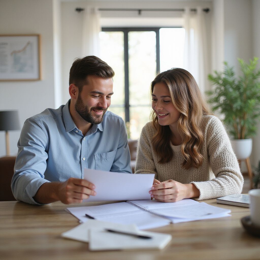 Couple smiling, reviewing documents together at a table in a home.
