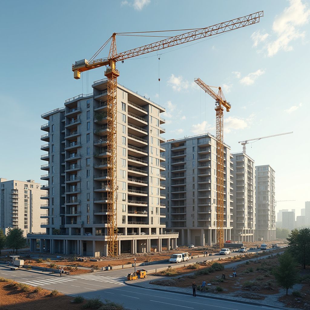 Construction site with multiple high-rise apartment buildings and yellow cranes under a blue sky.