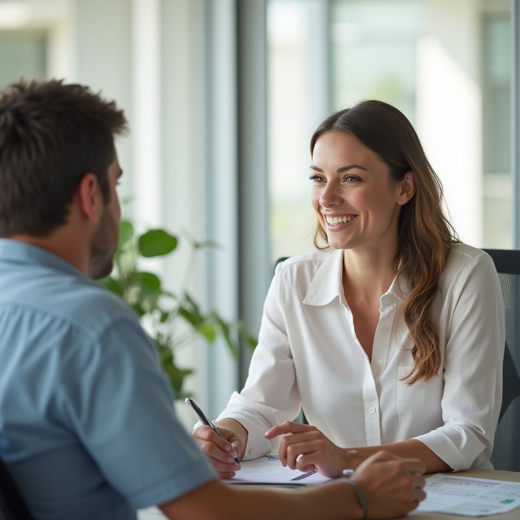 Woman smiles while interviewing a man at a desk in a well-lit office.