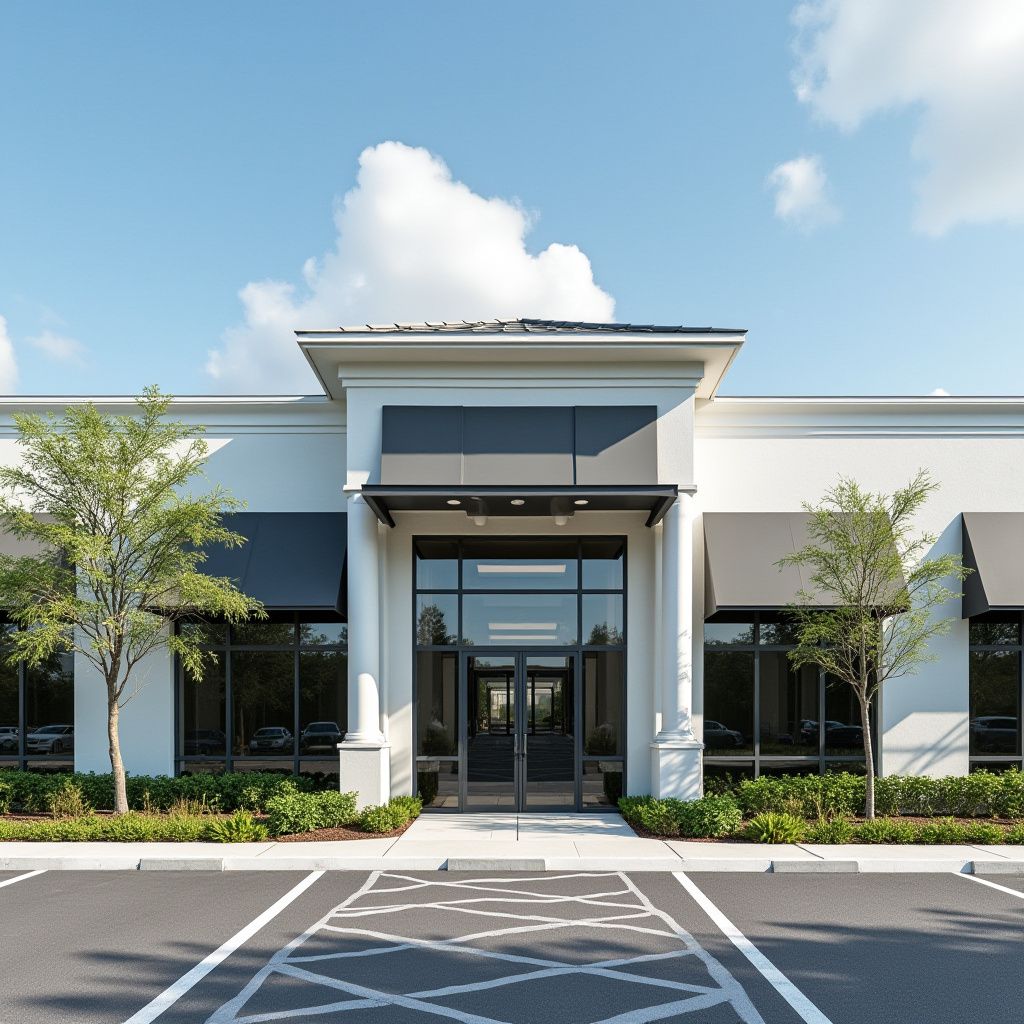 Exterior of a modern, white building with black awnings, glass door, and parking lot.