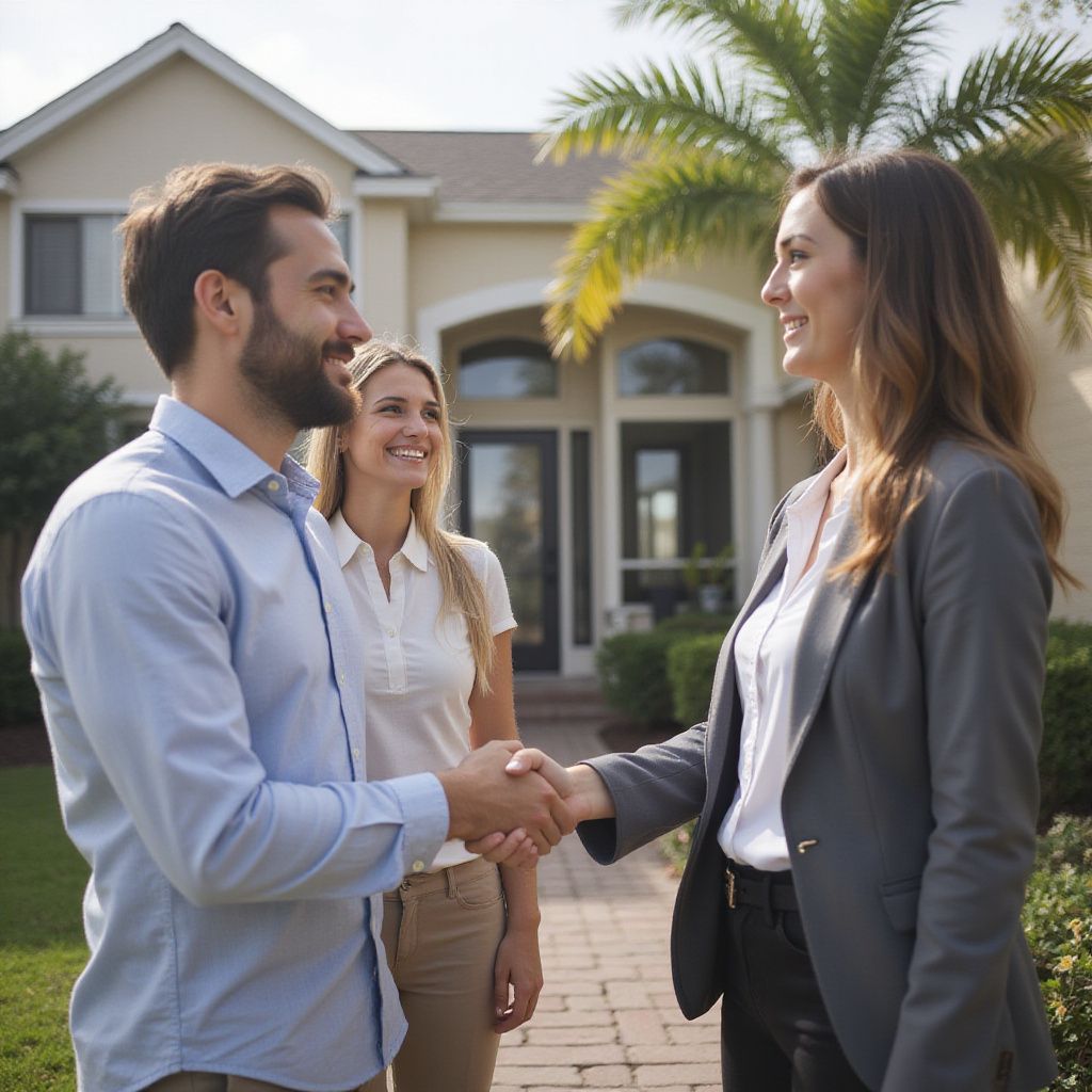 Couple shaking hands with a realtor in front of a house.