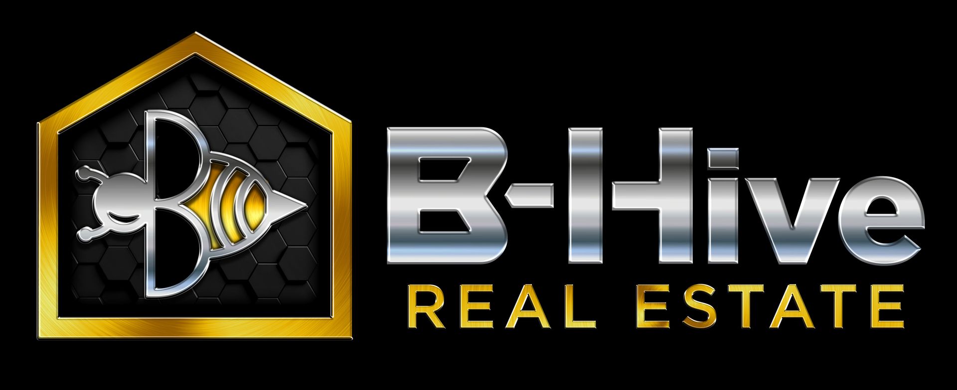 Logo for B-Hive Real Estate: a bee inside a golden house-shaped frame, with silver and gold text on black.