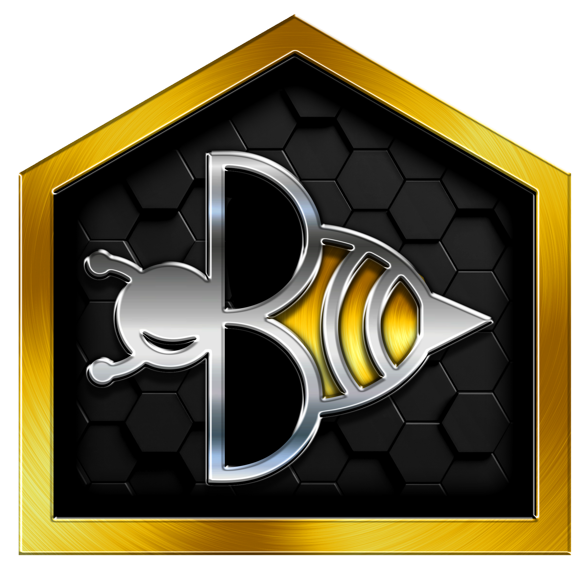 Golden, house-shaped logo with a stylized bee: silver body, yellow accents, over black honeycomb background.