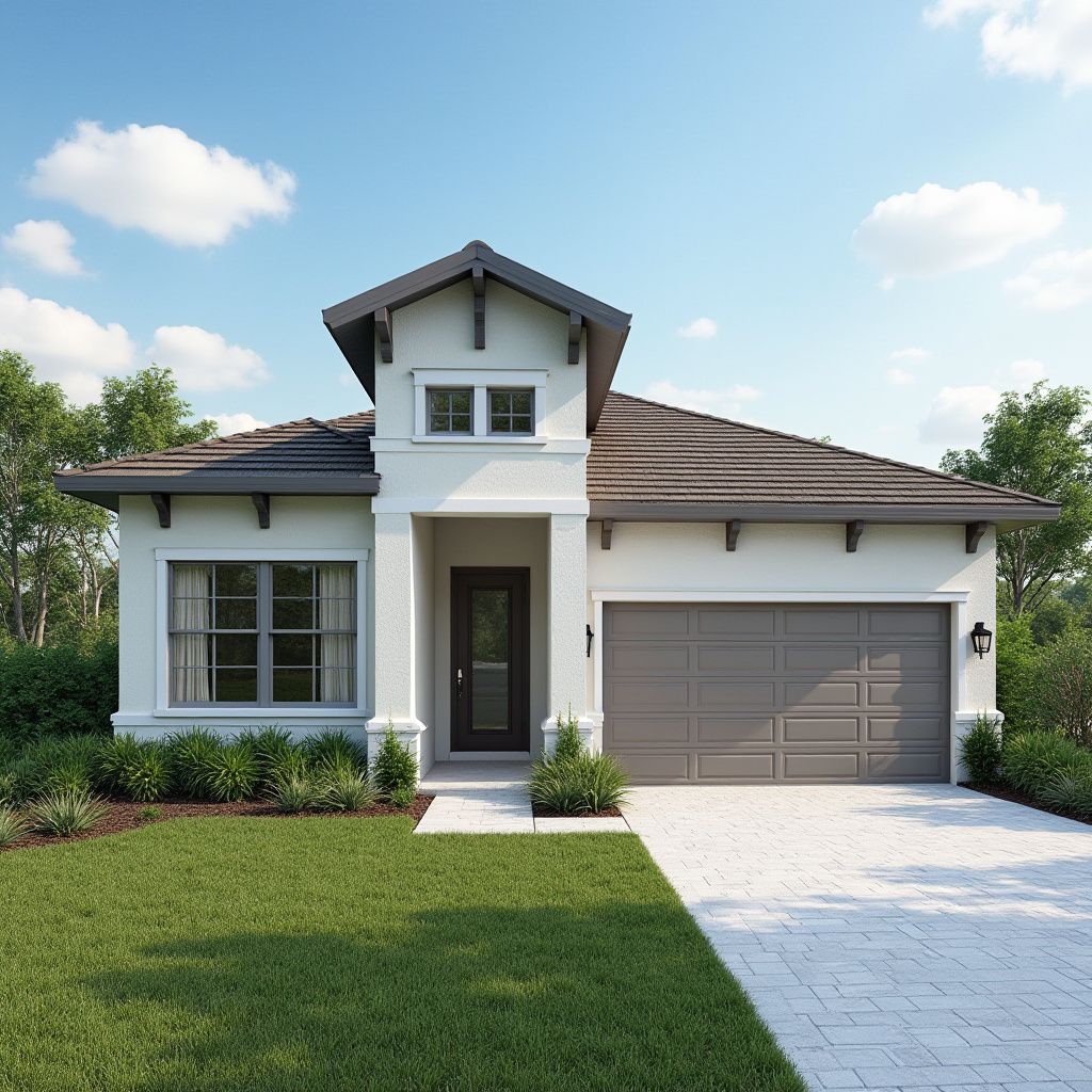 Modern white house with gray roof and garage door, surrounded by green lawn and trees.