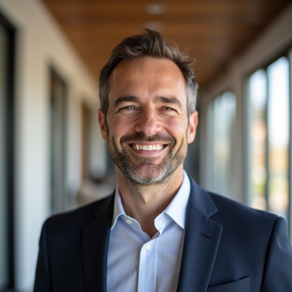 Man smiling, wearing a blue blazer and light blue shirt in a bright hallway.