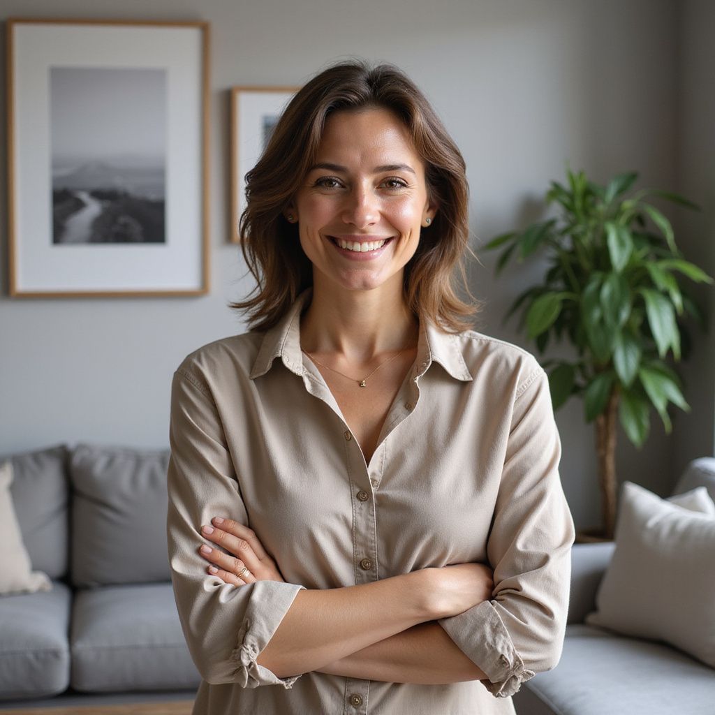 Woman with arms crossed, smiling, wearing tan button-down shirt, indoors. Gray sofa and plant visible.