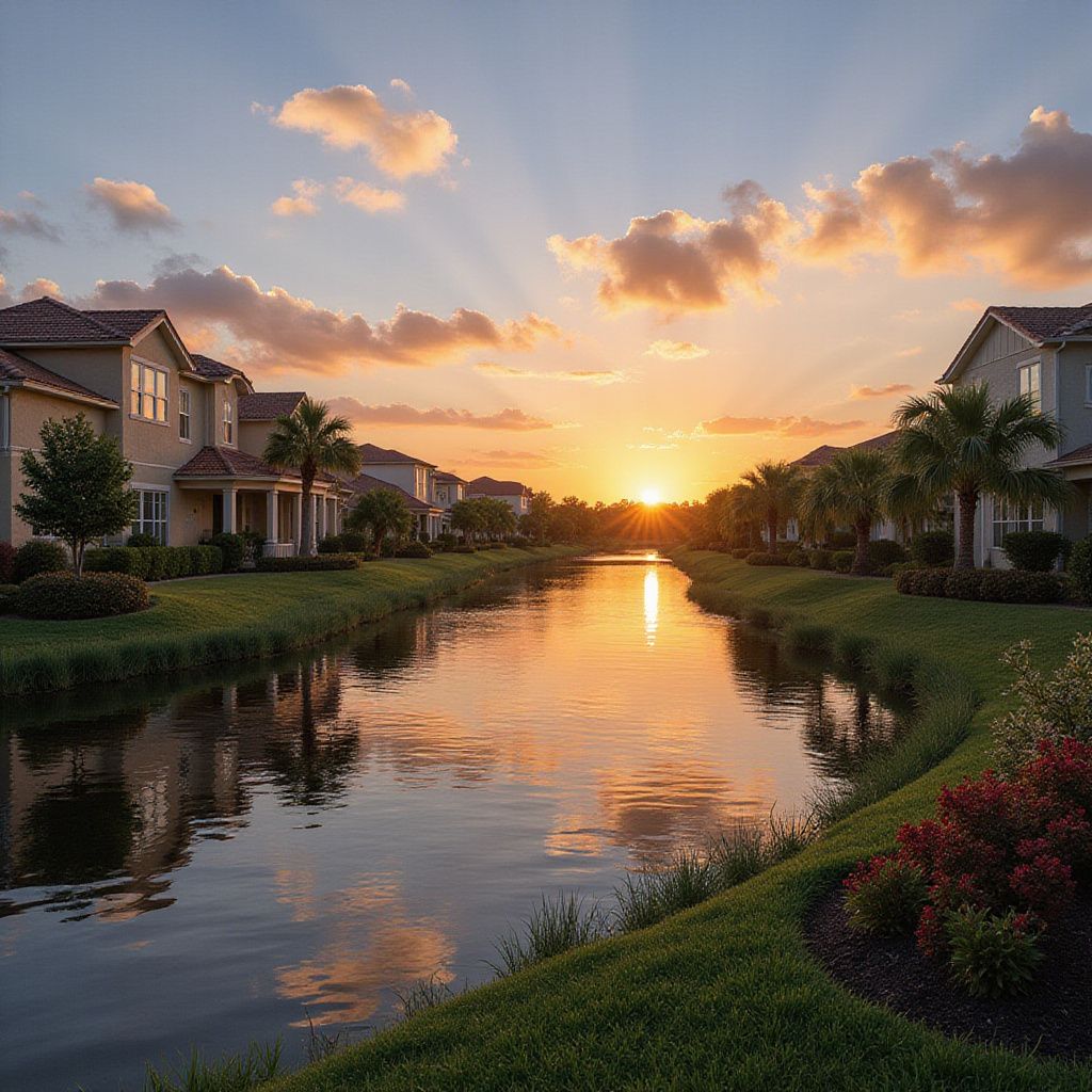 Sunset over a canal lined with houses and palm trees, with golden light reflecting on the water.