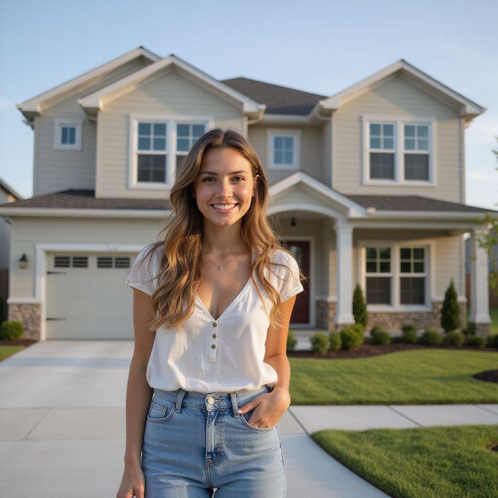 Woman standing in front of a beige two-story house, smiling with hand in pocket.