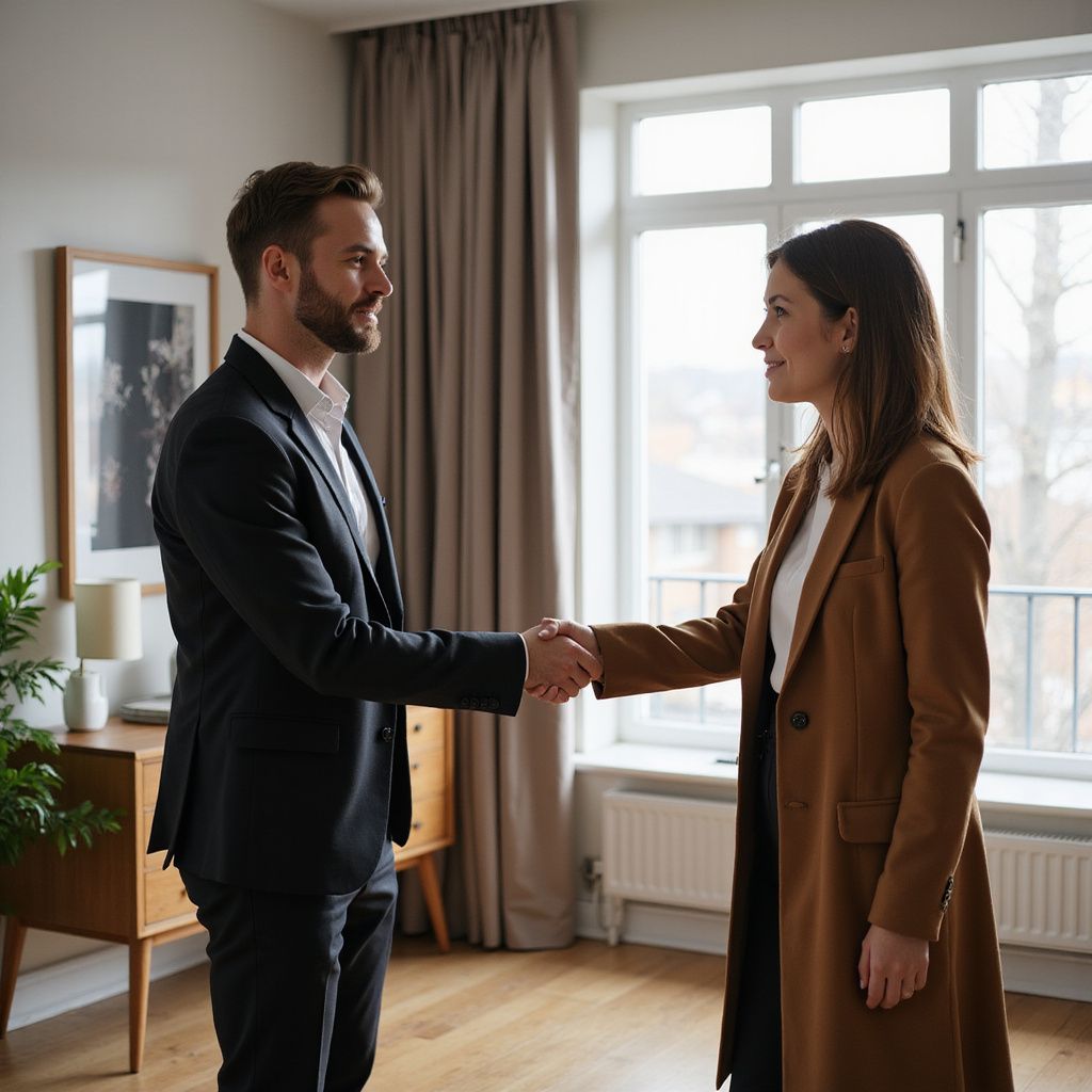 Man in suit shaking hands with woman in a brown coat. Indoors by a window.