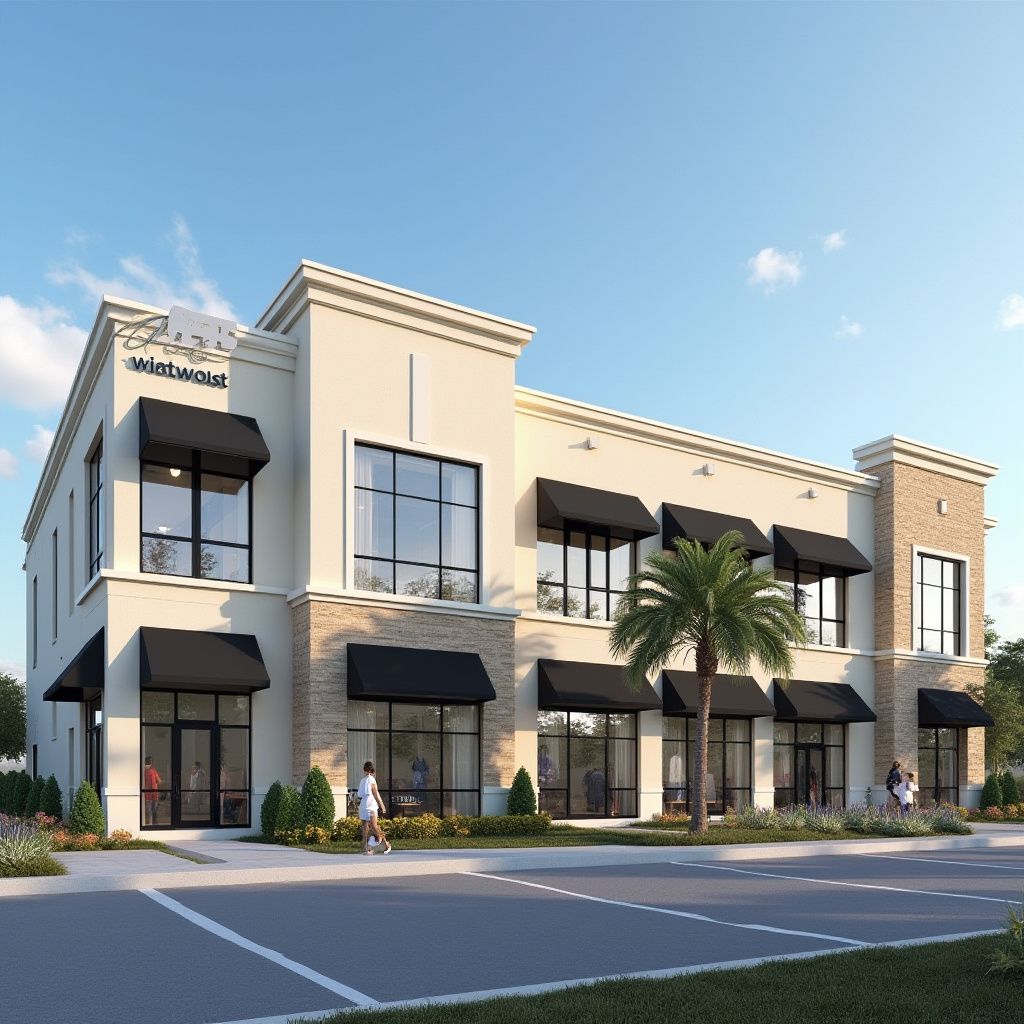 Two-story commercial building with black awnings, glass windows, and a palm tree in front. Two people walk on the sidewalk.