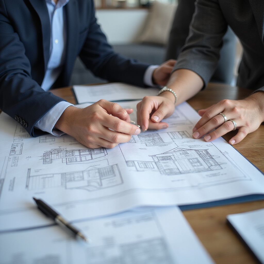Two people reviewing blueprints at a table, hands pointing at details, pen resting nearby.