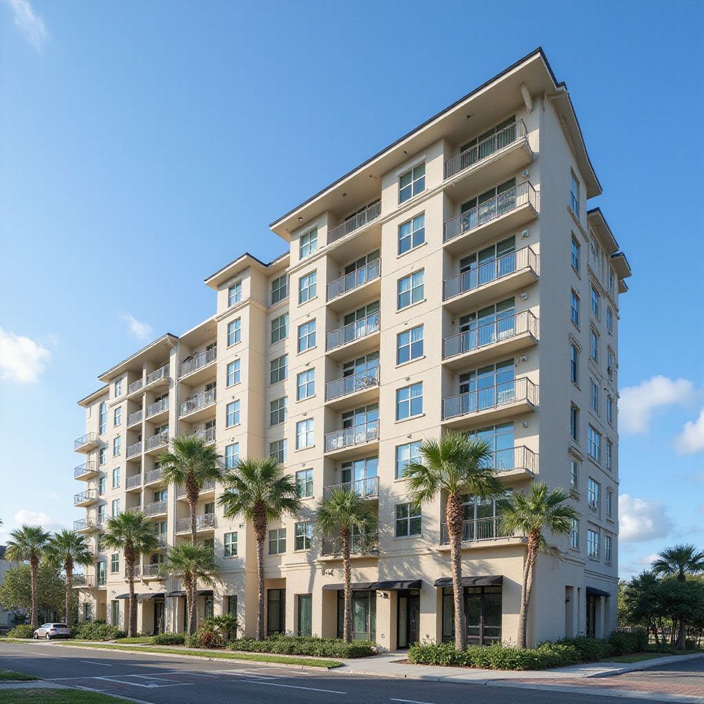 Multi-story apartment building with balconies, beige exterior, palm trees in front, blue sky.