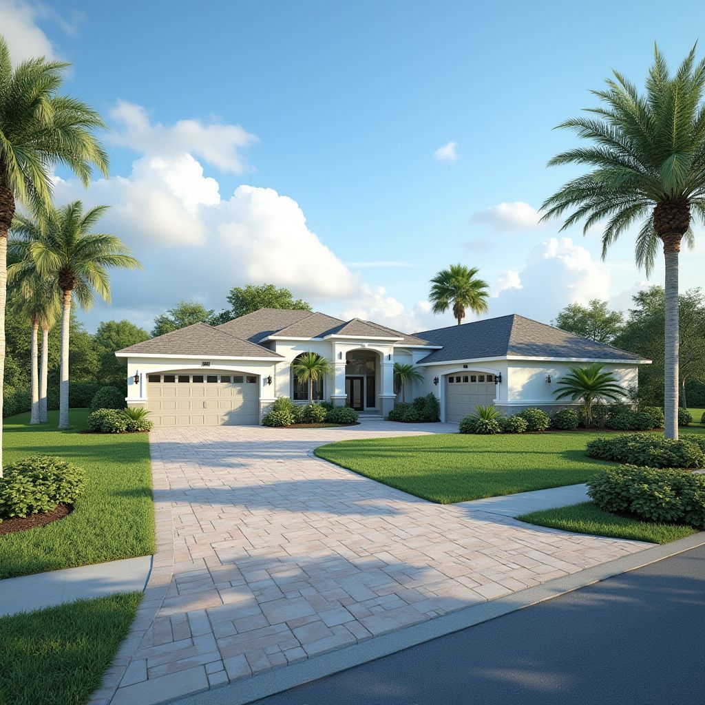 A modern, single-story house with a brick driveway, surrounded by palm trees and lush green grass.