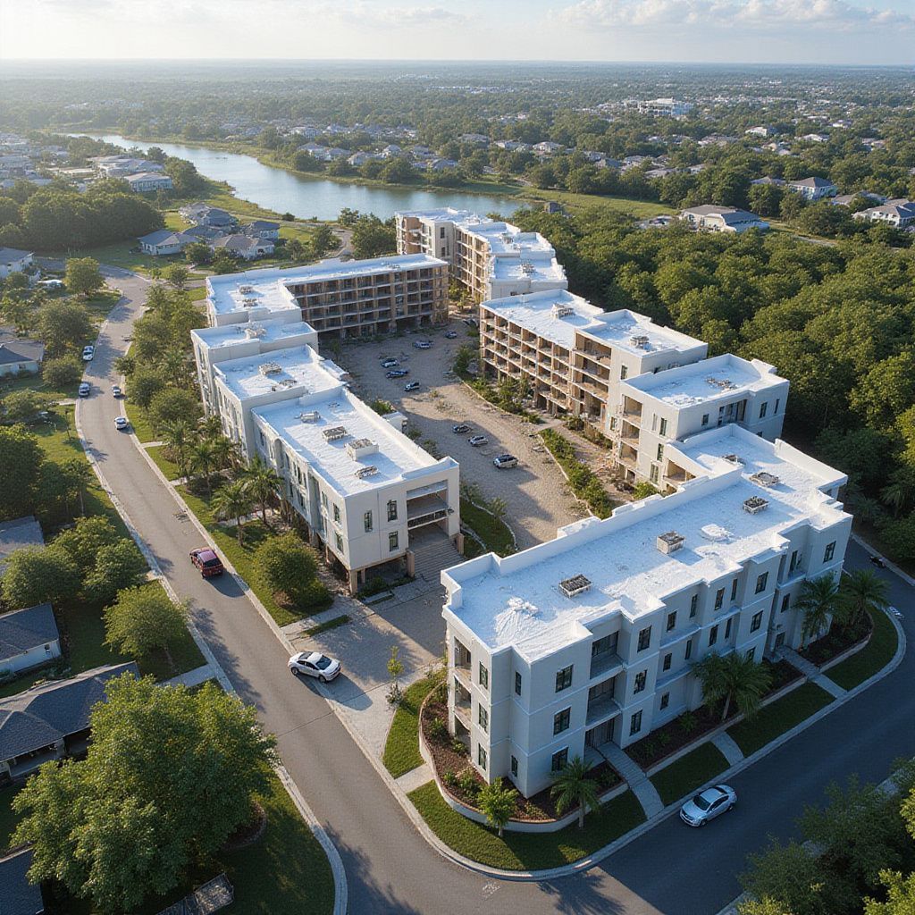 Aerial view of multi-story apartment complex near a lake and trees.