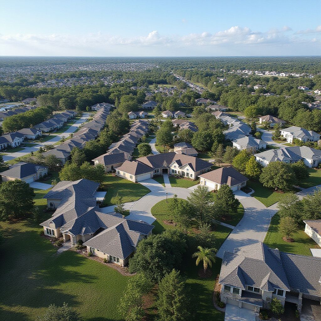 Aerial view of a suburban neighborhood with houses, roads, and many green trees under a blue sky.