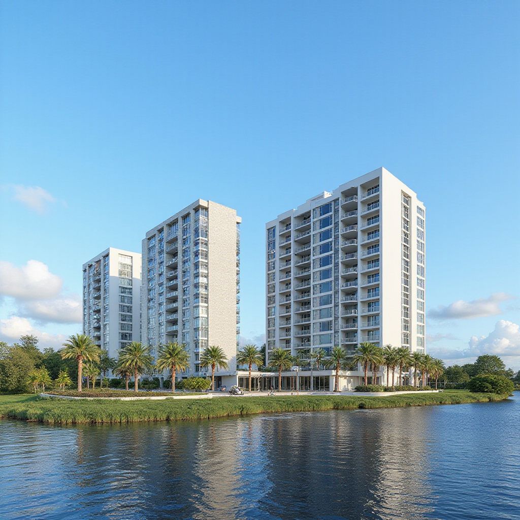 Three white high-rise buildings on a waterfront, with palm trees and a blue sky.
