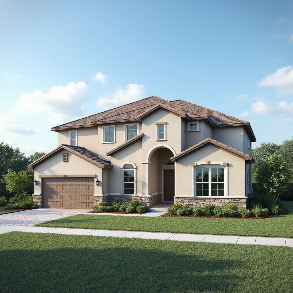 Two-story beige stucco house with brown roof and garage, green lawn, and blue sky.
