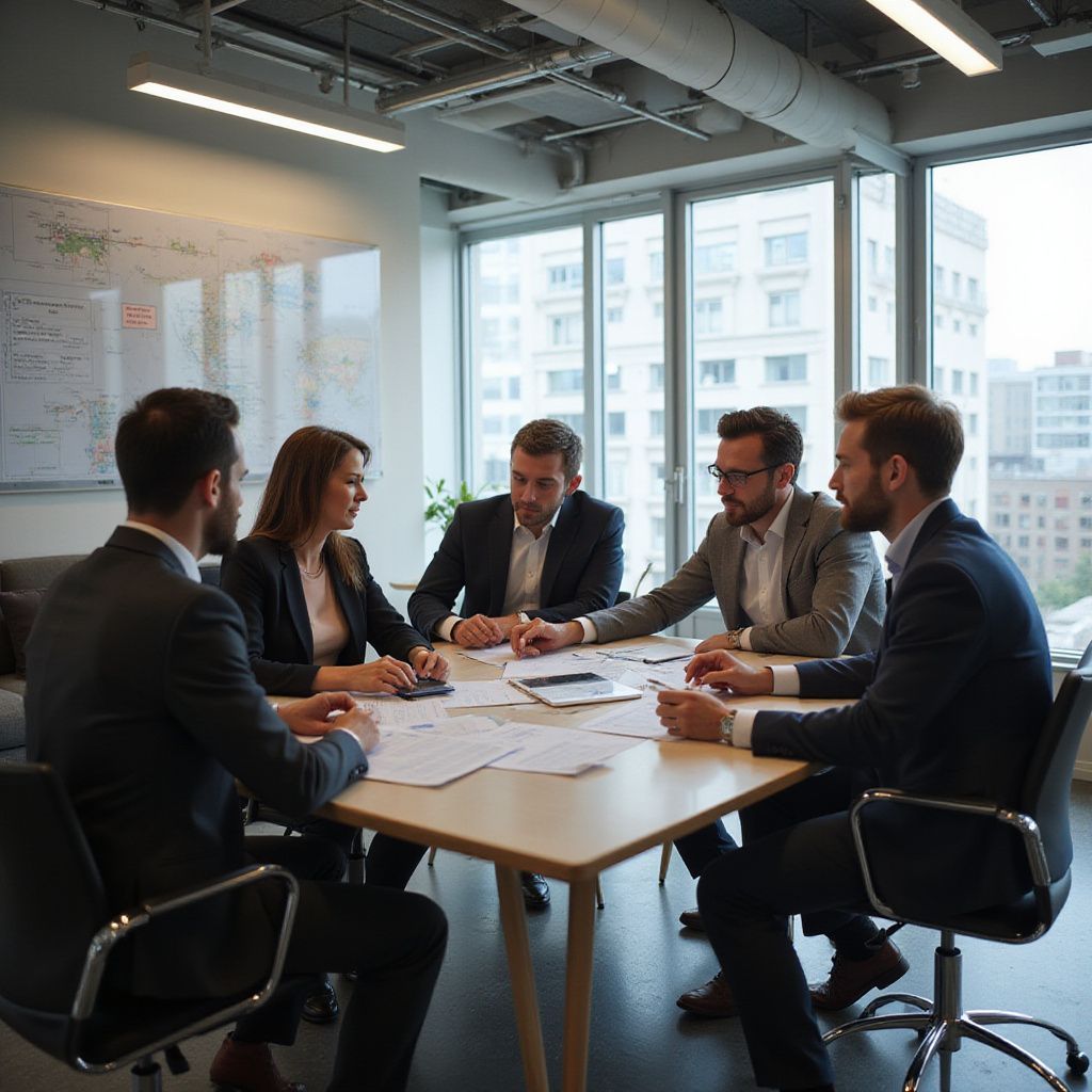 Businesspeople in suits around a table, reviewing documents, in a modern office.