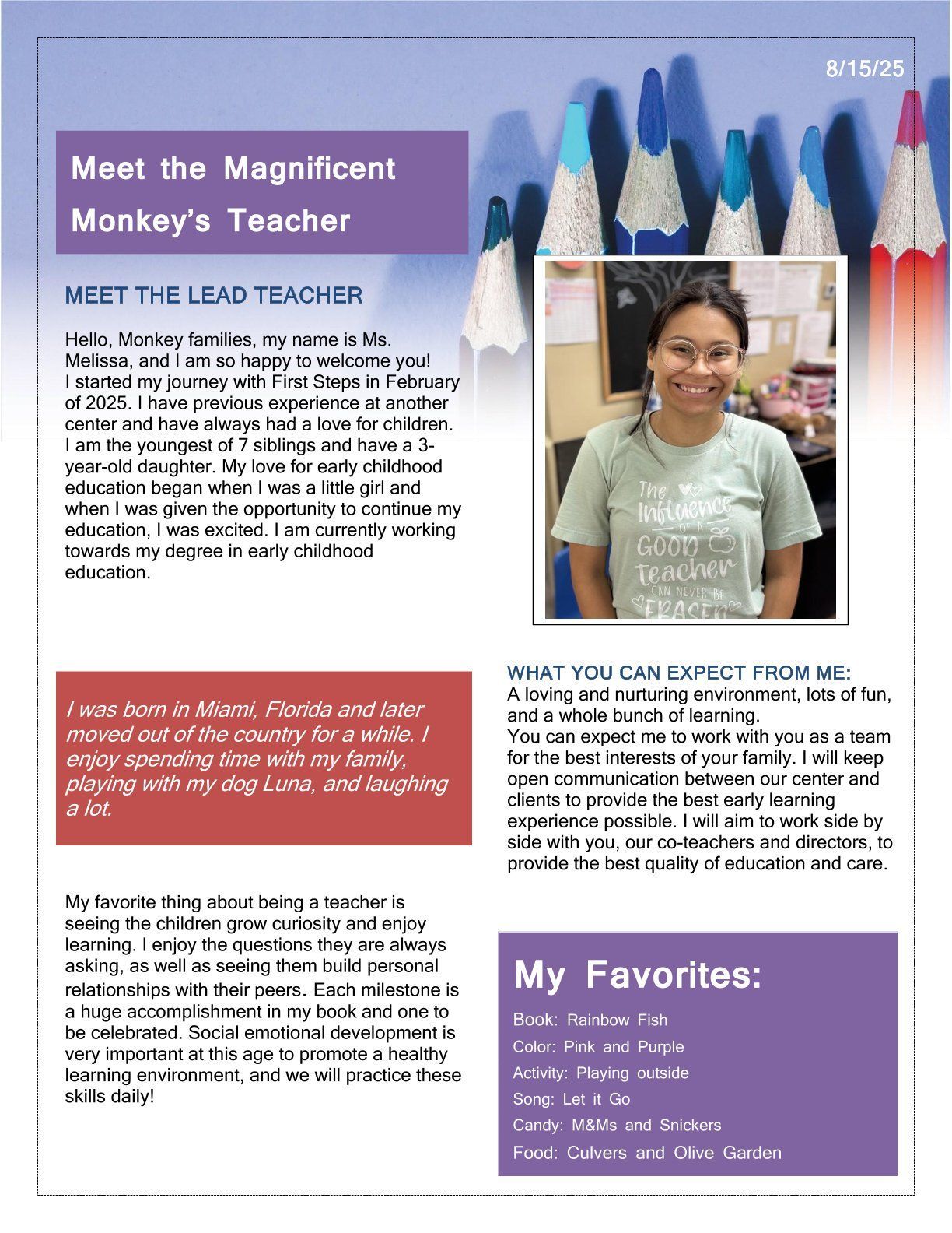Newsletter: Teacher introduction with photo. Woman in front of chalkboard, text about her interests.
