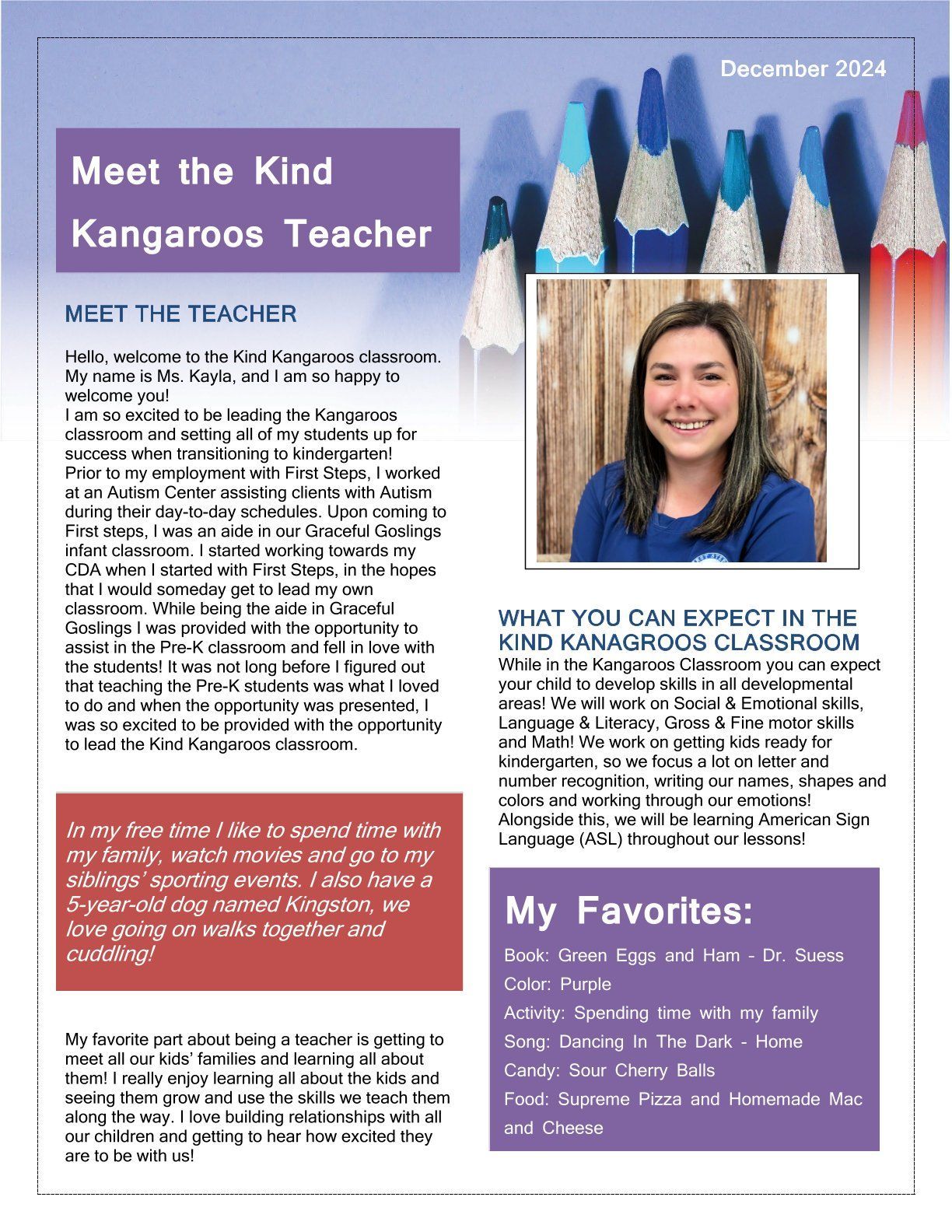 Newsletter: Meet the Kind Kangaroos teacher. Includes teacher photo, 