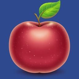 Red apple with green leaf on blue background.