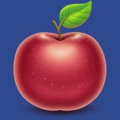 Red apple with a green leaf on a blue background.