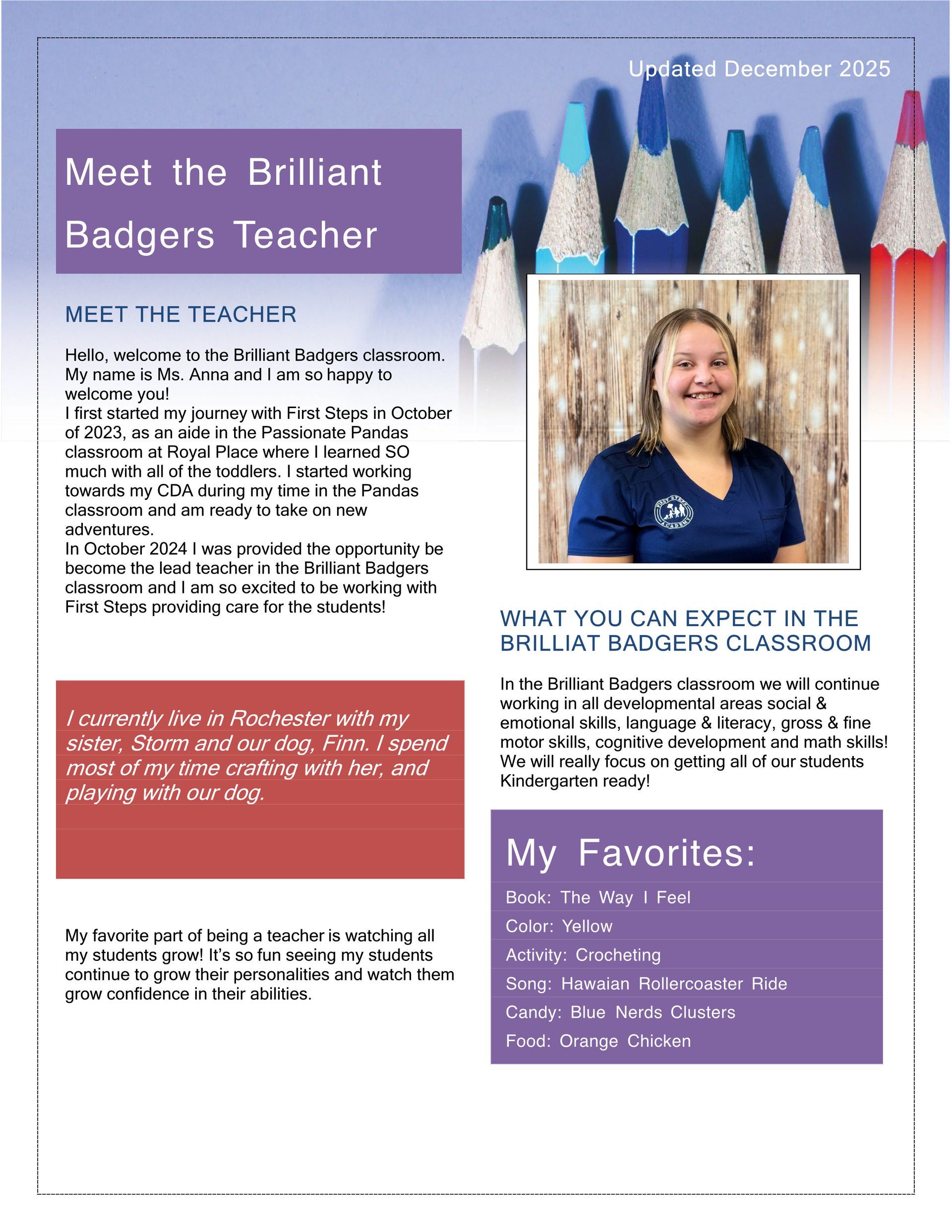 Newsletter with teacher introduction; purple and blue color scheme; photo of smiling teacher.